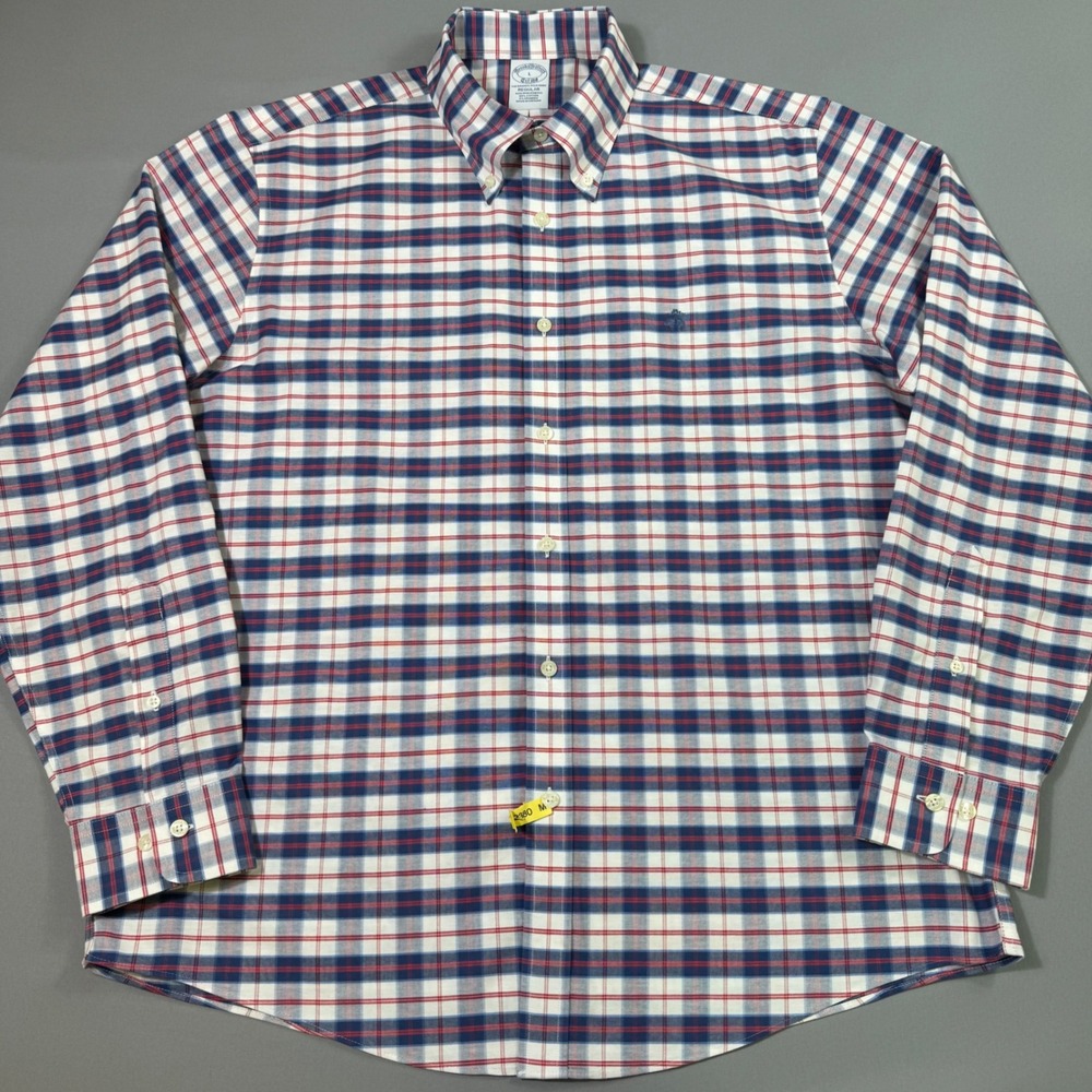 Brooks Brothers Oxford Button‎ Down Shirt Mens Large Plaid Non-Iron Regular OCBD